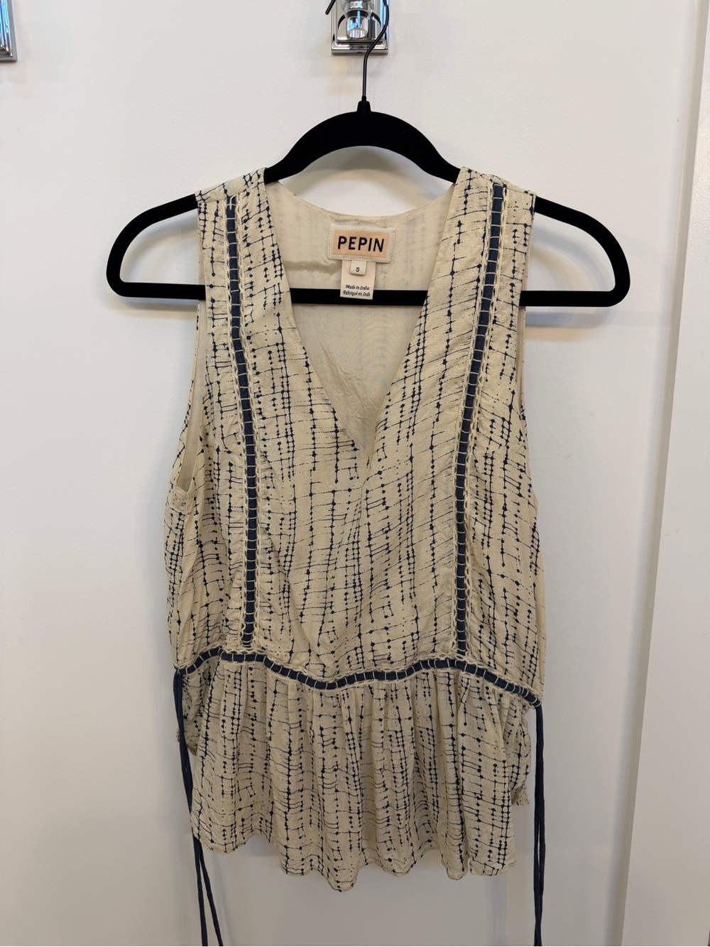 Pepin Cream and Navy Sleeveless Textured V-Neck Peplum Top
